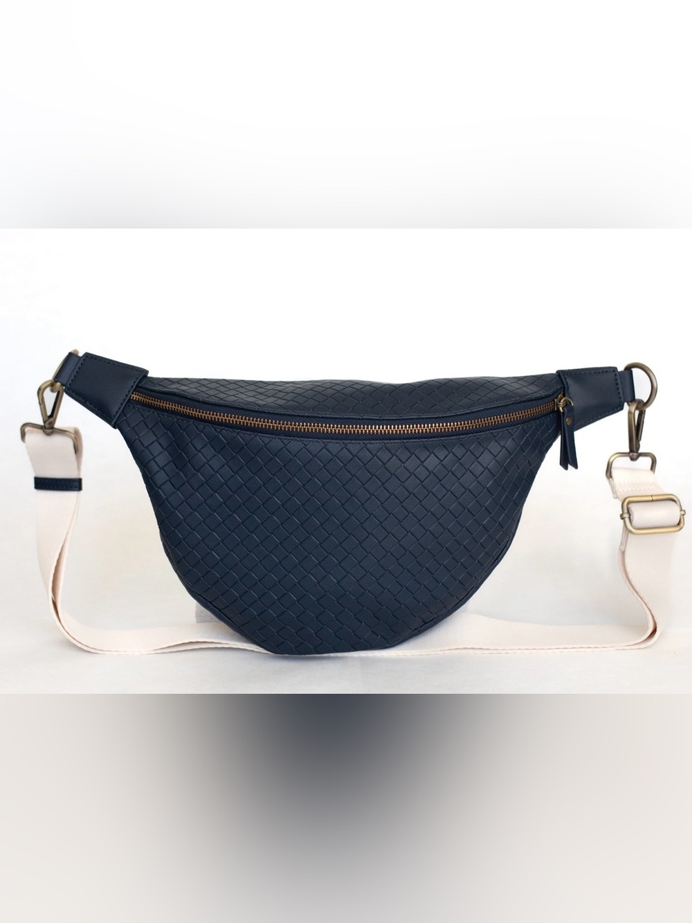 Woven Navy Vegan Leather Amy Crossbody Bag with Adjustable Strap